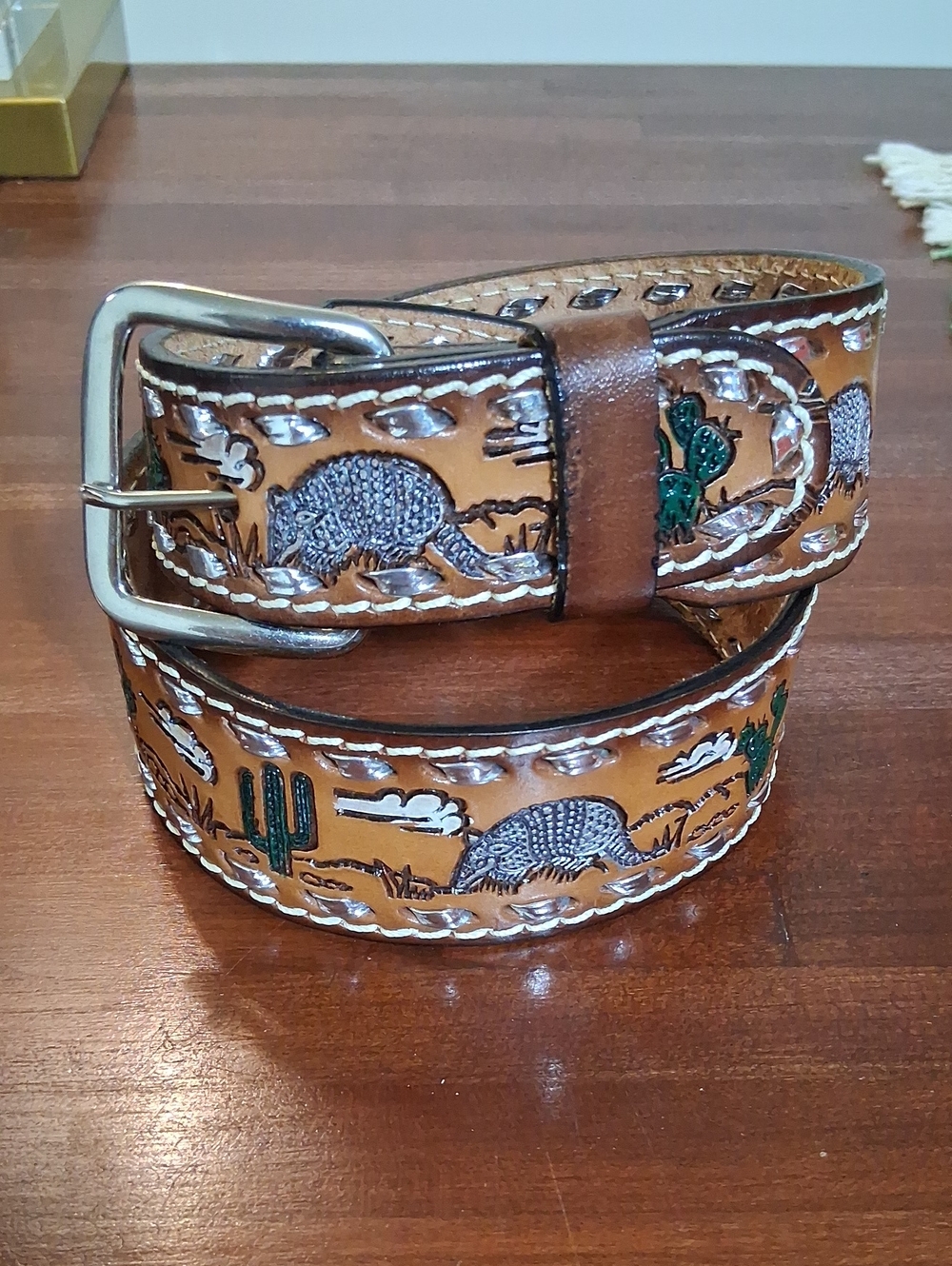 Mallory Western Belt 28 Brown Leather Silver Lacing Tooled Painted Armadillo
